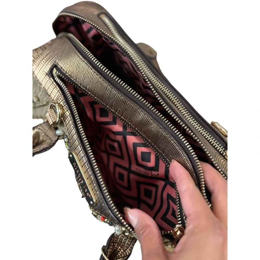 Nicole Lee Beaded Crystal Satchel Bag Metallic Bronze Tan Geometric Boho Handbag